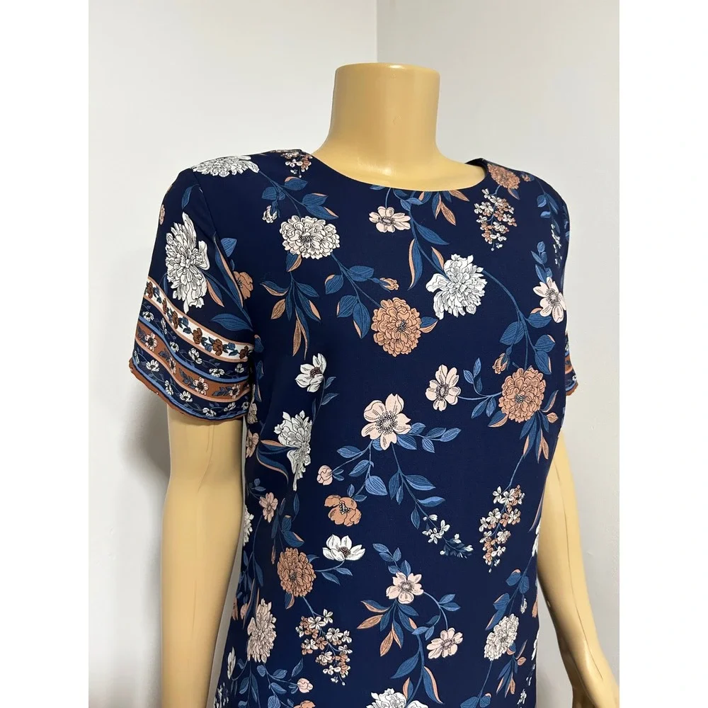 Lulus Navy Blue Floral Shift Mini Dress Short Sleeve Crew Neck M Made in USA